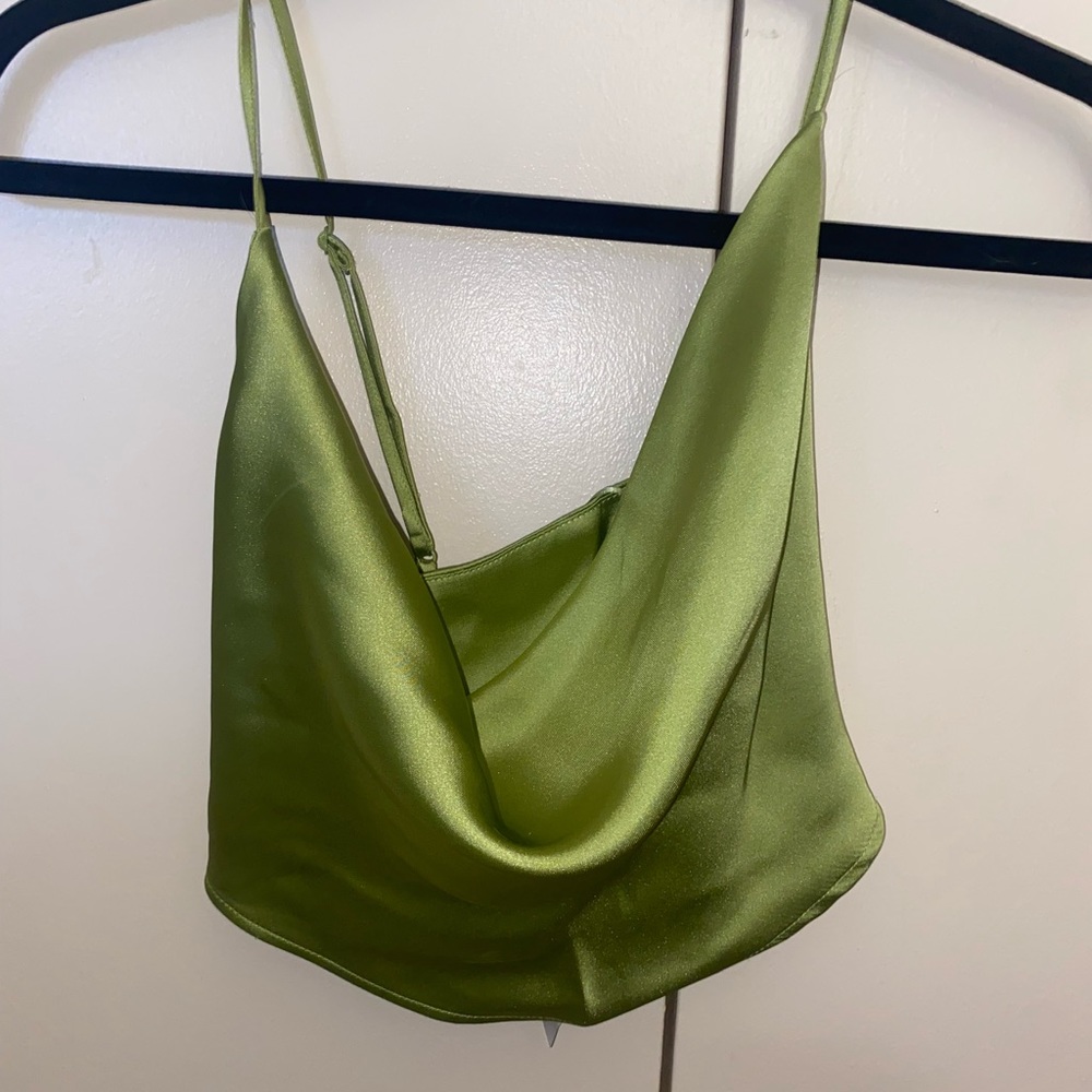 Silk green cowl neck crossed strap cami- Garage